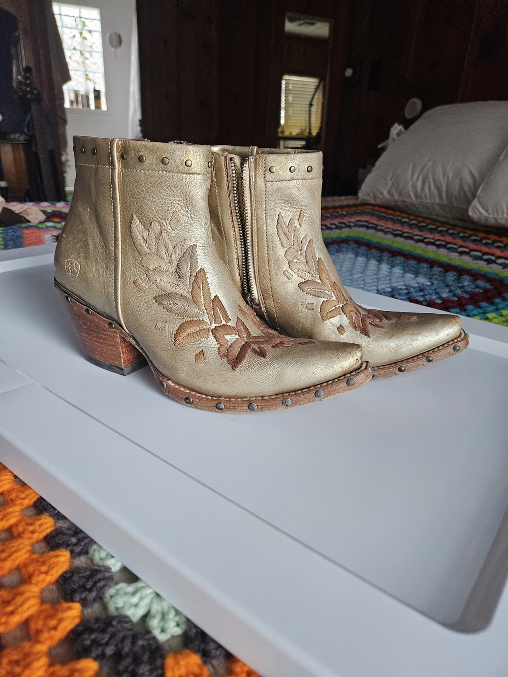 Ariat Topaz Metallic Gold Embroidered Leather Ankle Boots - USW9